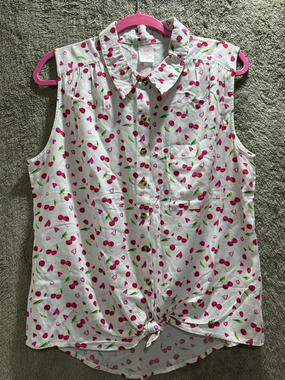 No Boundaries White Cherry Print Sleeveless Button-Up Top
